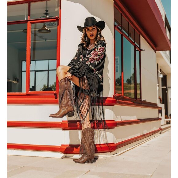 ⚡Women's Brown Fringe Knee High Cowgirl Western Boots With Classic Embroidery - Picture 5 of 6